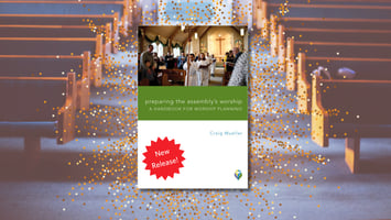 The title of the book, Preparing the Assembly's Worship is featured in surrounded by confetti against a background picture of church pews as if you were looking up the aisle from the altar. The book cover has a picture of a robed youth carrying a processional cross from the altar to the back of the churhc while congregants watch, a deep summer green bar that holds the title of the book, and a white section witht he author's name, along with a bright red badge that says, 